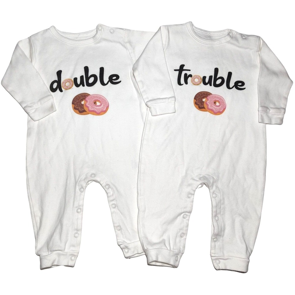 Double Trouble White Twin Baby 9 Mos Jumpsuit Set Doughnut Cotton Unisex